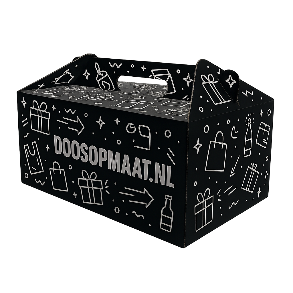 Zwarte fefco 217 kofferdoos met wit bedrukking op alle buitenkanten van de doos. | Doosopmaat.nl