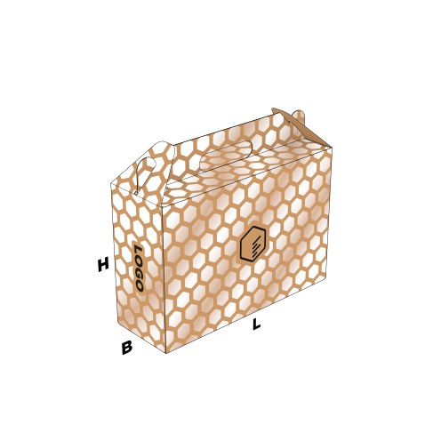 Fefco 427 bruine kofferdoos met rondom wit bedrukking over de lengte breedte en hoogte | Doosopmaat.nl