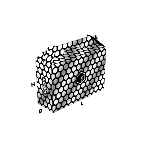 Fefco 427 zwarte kofferdoos met rondom wit bedrukking over de lengte breedte en hoogte. | Doosopmaat.nl