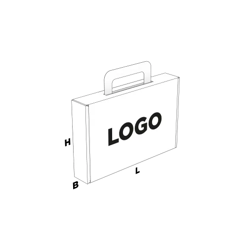 Fefco 427 witte kofferdoos met zwart/grijs logo bedrukking op 1 zijde van de doos. | Doosopmaat.nl