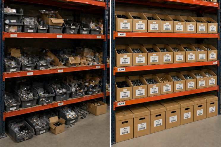 Voorbeeld van een ongeordende stelling zonder magazijnbakken en een geordende stelling met magazijnbakken en labeling | Doosopmaat.nl